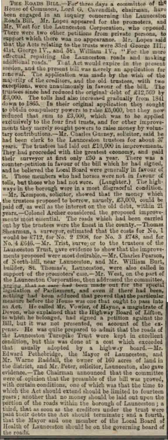 Launceston Turnpike Trust Bill from March 29th 1867.
