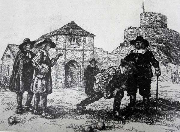 A Spence engraving of George Fox reproving the Bowlers on the Castle Green for spending their time so vainly.