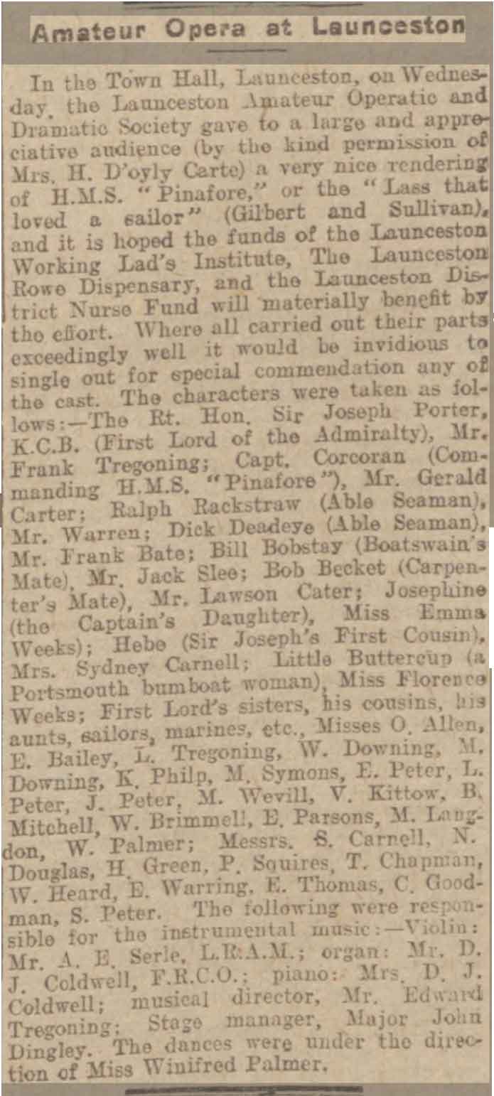 1912 article on LOADS production of the 'H. M. S. Pinafore.'
