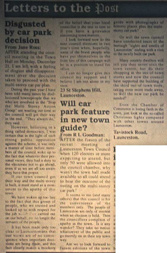 Cornish and Devon Post letters column from December 31st 1992.