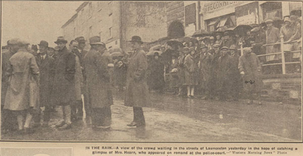 Below the crowds gather at outside Launceston Police station in Westgate street awaiting a glimpse of Annie Hearn. 