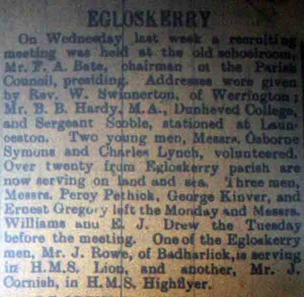 Recruitment from Egloskerry article in 1914.