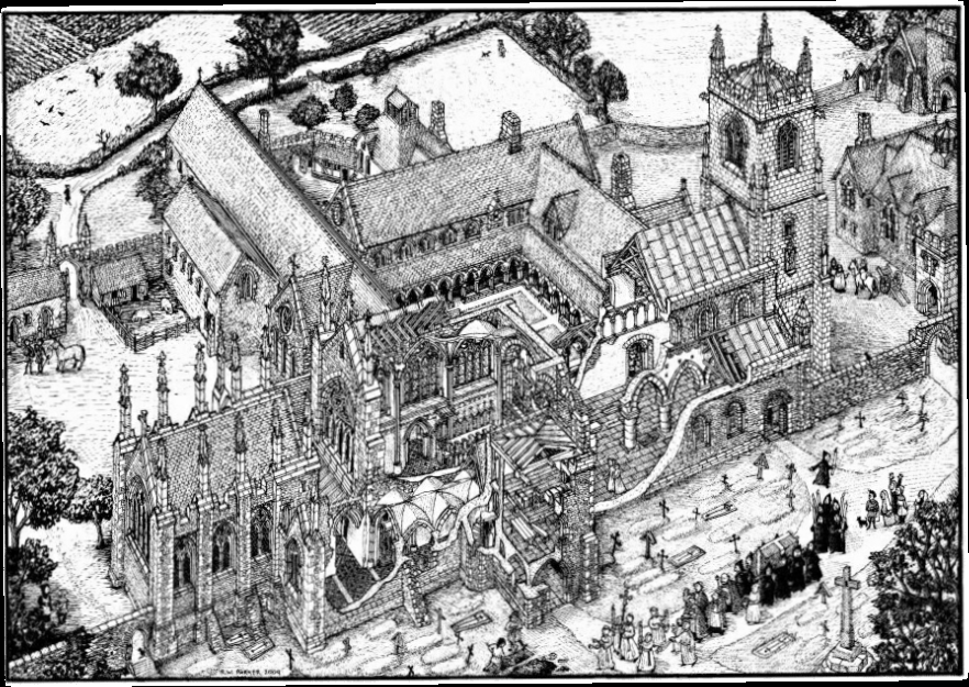 Hand Drawn reconstruction of Launceston Priory copyright Richard Parker-Exeter archaeology.