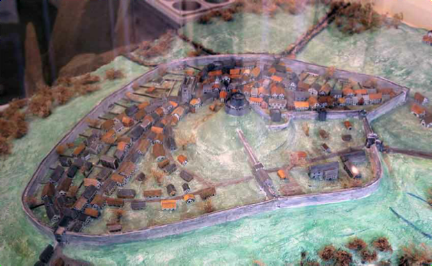  Above Launceston Castle and its wall, a model on view at Lawrence House Museum.