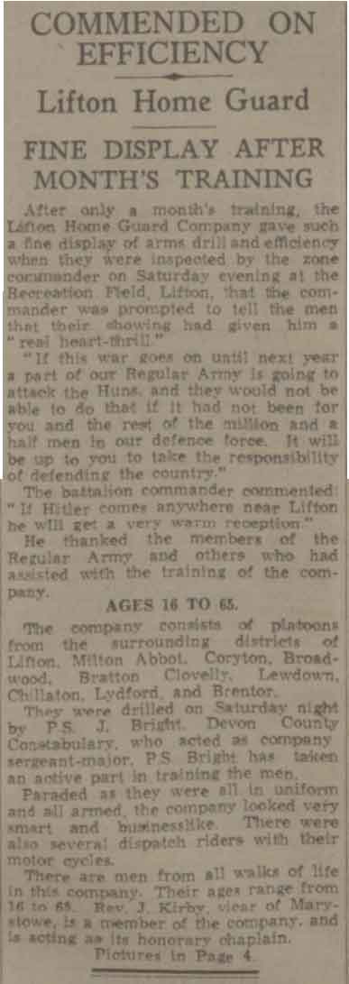 Article on Lifton Homeguard from the 5th of August 1940.
