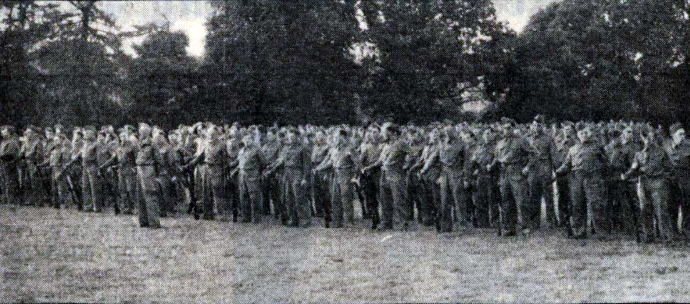Lifton Homeguard on parade on the 5th of August 1940 at Lifton recreation ground being inspected by Lieut. Colonel L. Bastard.