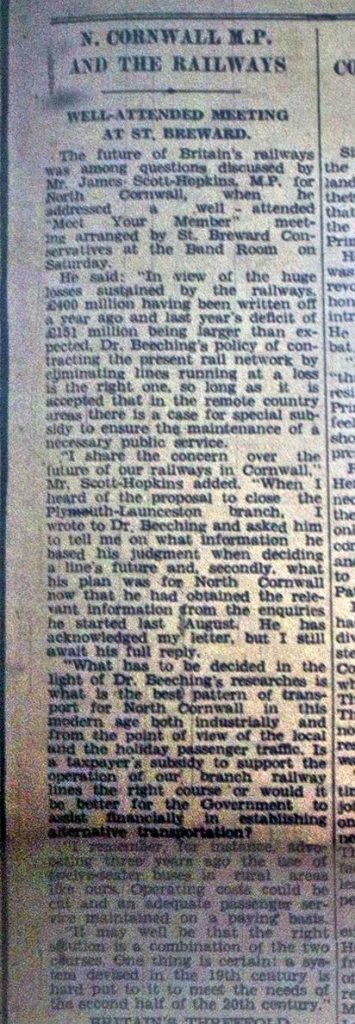 North Cornwall MP's opinion on the railway February 1962.