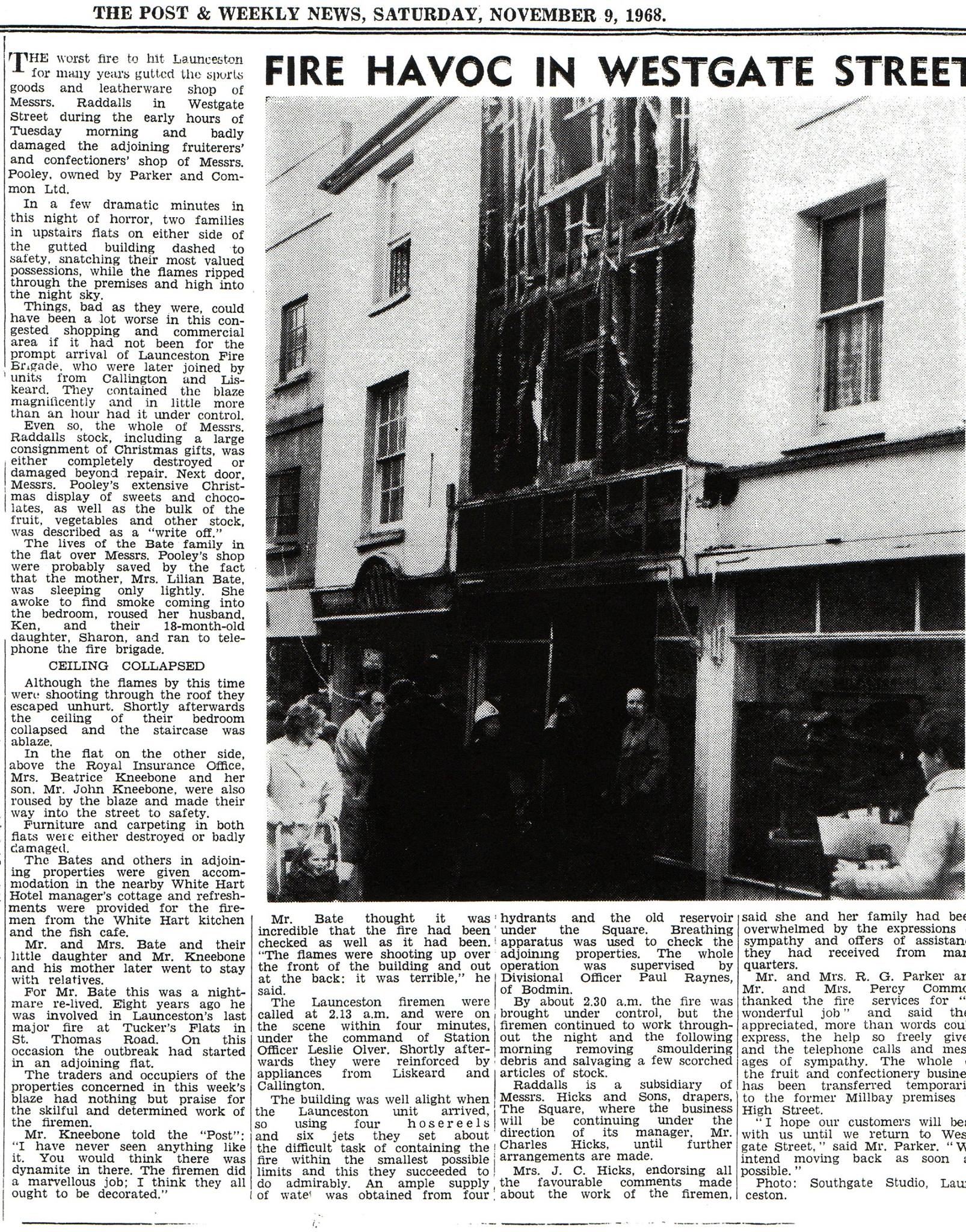 Article on the Raddalls fire in Westgate Street in November 1968.