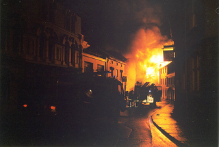 The 1992 fire at Spry's Garage in full flow.