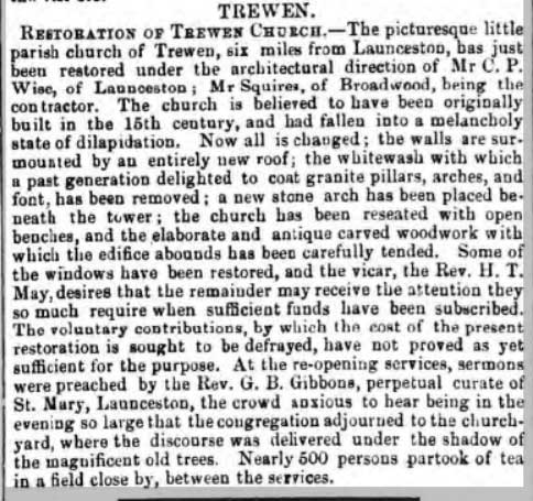 Trewen Church restoration article from 1863.