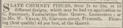 1856 advert for Yeolmbridge Slate Quarry.