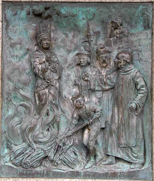 The death of Agnes Prest as represented upon the Protestant Martyrs Monument in Denmark Street, Exeter.