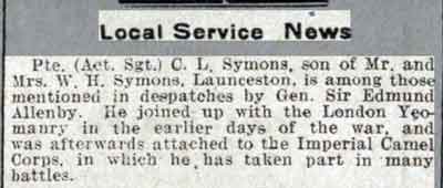 Charles Symons mentioned in dispatches from the Western Times 21 January 1918.