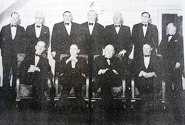 Above Launceston Golf club past Captains at a dinner held in 1951 at the White Hart Hotel. Standing left to right Reg Prout senior, Bill Matthews,Roger Parnell, Stuart Peter, Bill Kivell, Ted Longman and Fred Smith. Seated Phil Sanders, George Wilson, Tom Fulford and John Dingle