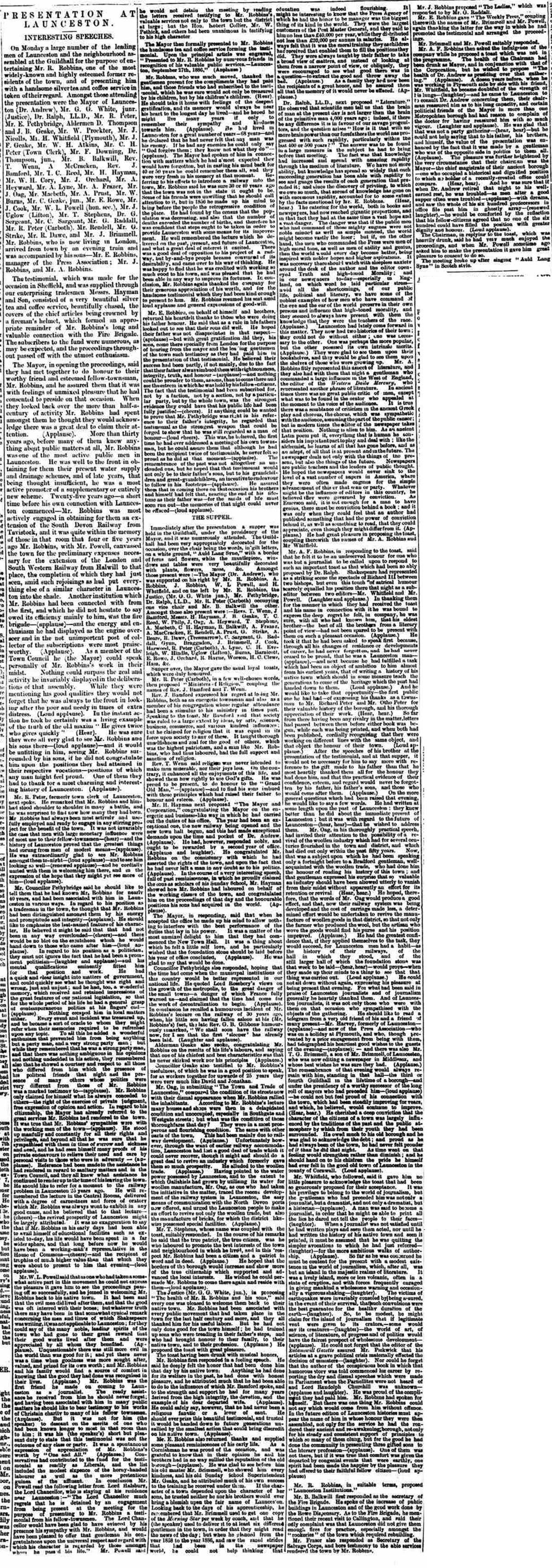 Richard Robbins Testamonial Presentation from the Cornish & Devon Post 02 October 1886