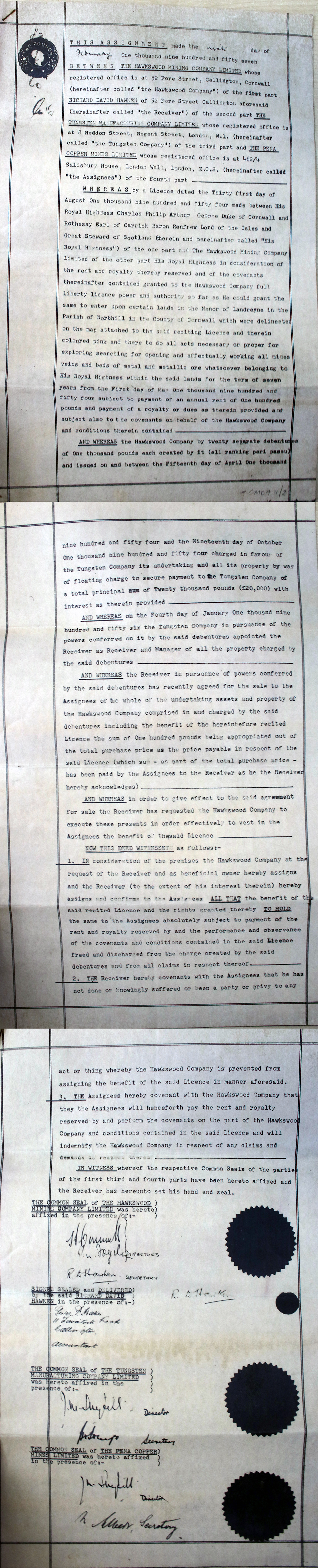 1957 Hawkswood Mine Agreement