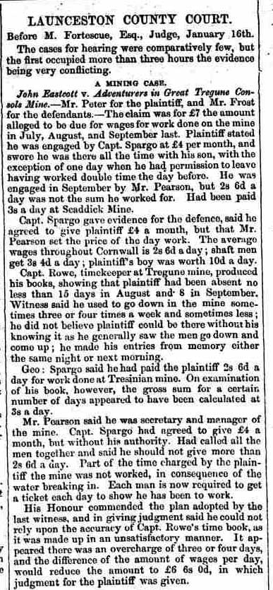 Great Tregune Consols Mine court case from Launceston Weekly News, and Cornwall & Devon Advertiser January 19th 1861