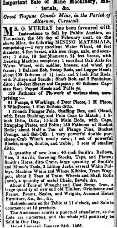 Great Tregune Consols Mine machinery sale February 8th 1866