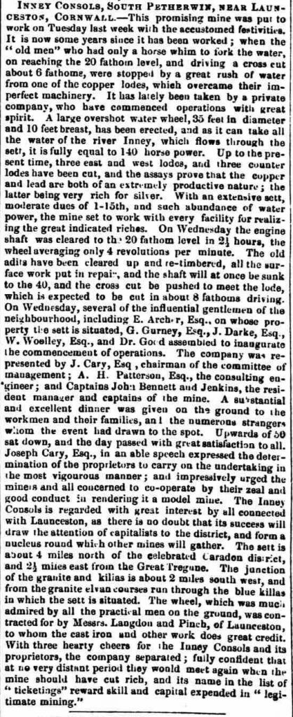 Inney Consols re-opening November 4th, 1853