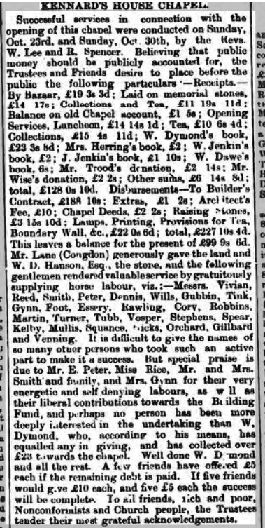 Kennards House Chapel official opening from the Cornish & Devon Post 19 November 1881
