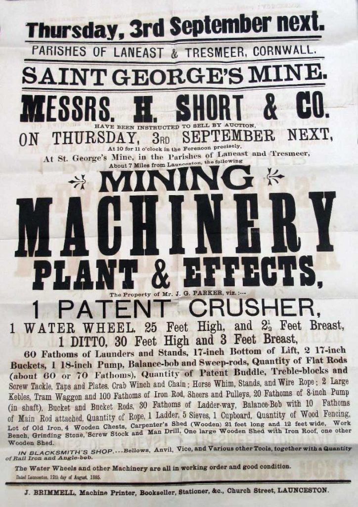 St. Georges Mine Equipment sale September 1885 poster