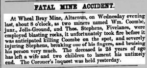 Wheal Bray Mine fatality from the Cornish Times 18 December 1858