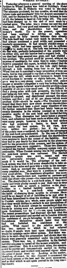 Wheal Luskey Report from September 1881