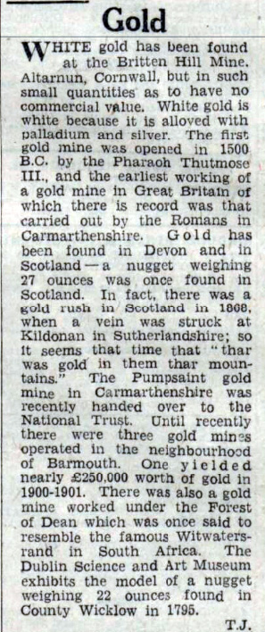 White Gold found at buttern Hill Mine from the Western Daily Press 04 January 1946