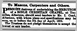 Tender advert for the erection of the Chapel building at Trecollas from April 3rd, 1875