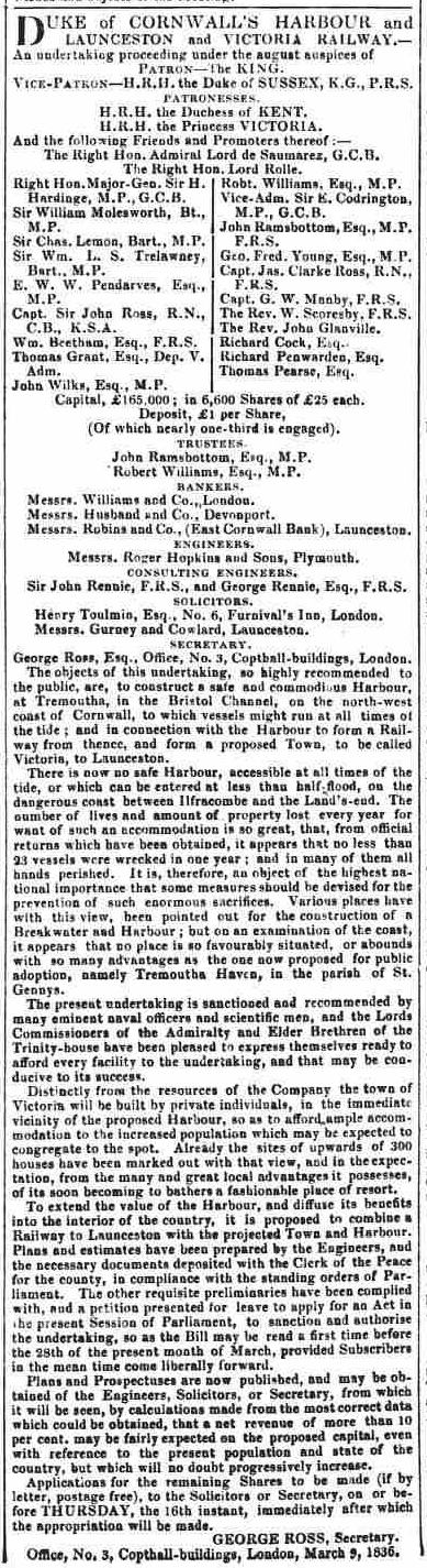 Duke of Cornwall's Harbour 11 March 1836
