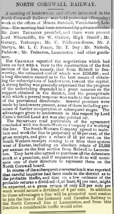 North Cornwall Railway meeting 06 July 1883