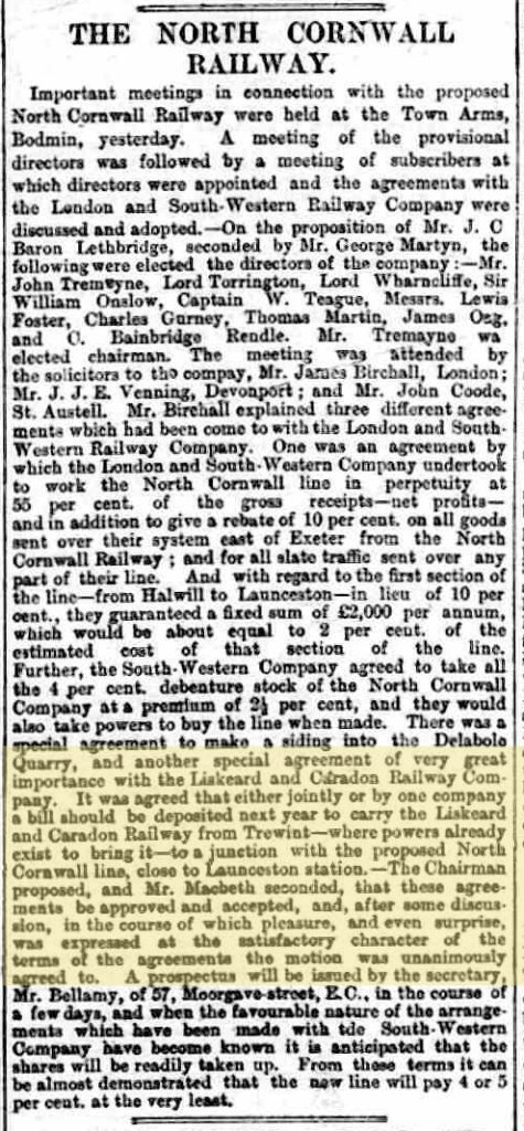 North Cornwall Railway meeting 27 July 1883