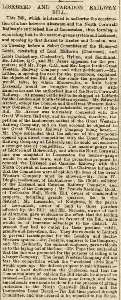 Liskeard and Caradon Railway 28 March 1884