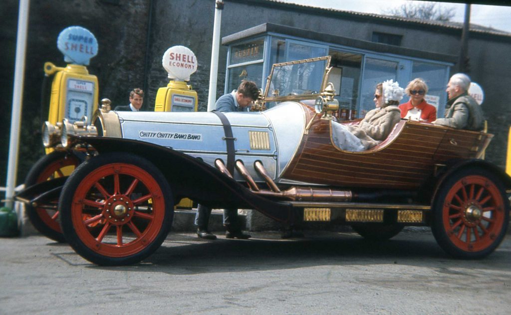 Chitty Chitty Bang Bang being filled up by Fernley Pike at Prount's Garage in the late 1960's.