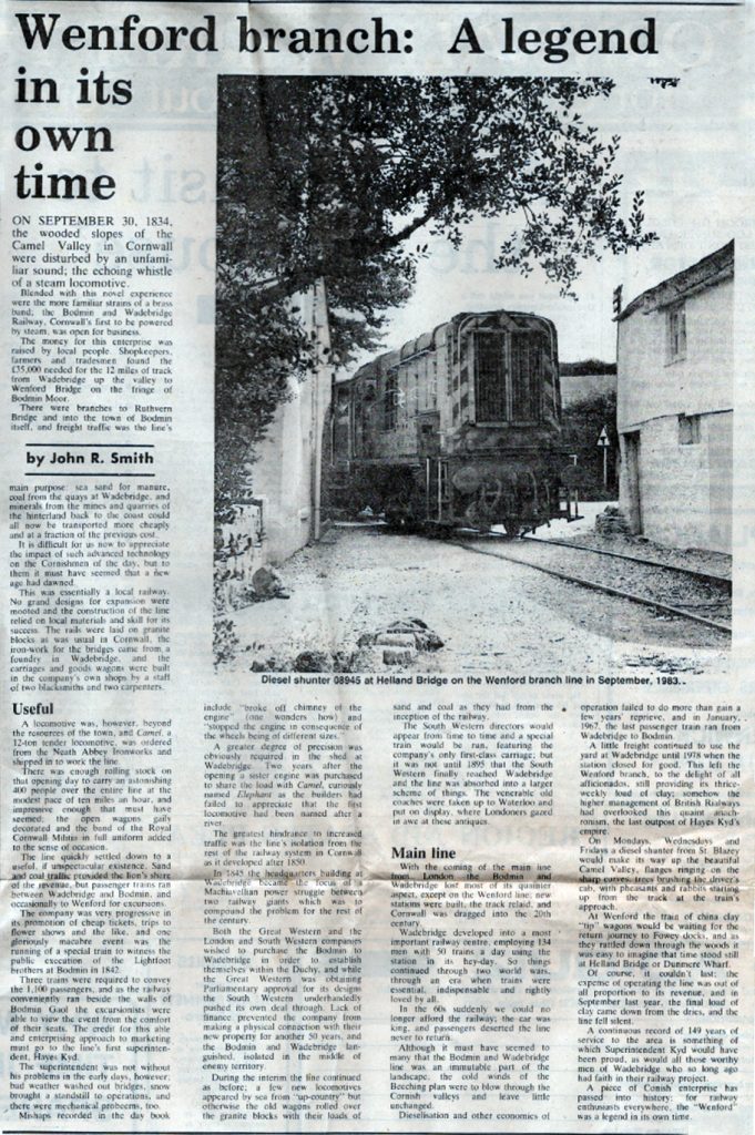 19 June 1984 article on the Wenford Branch