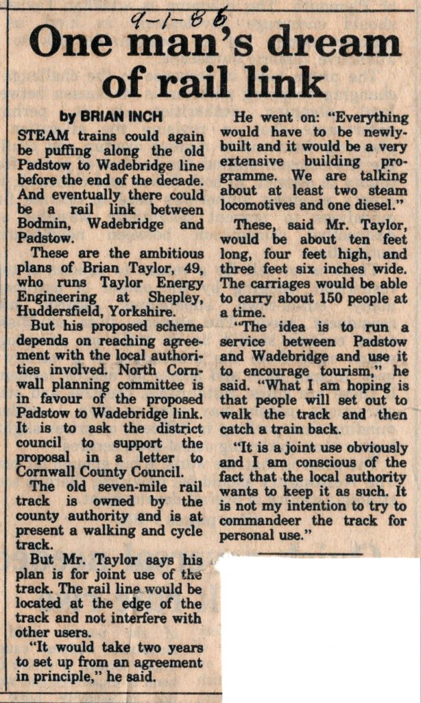 1986 article on the re-opening of the Padstow to Wadebridge Line