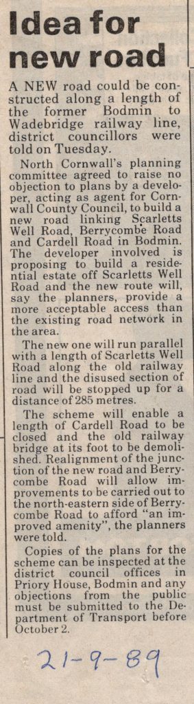 1989 article on running a road along the old railway to Padstow.