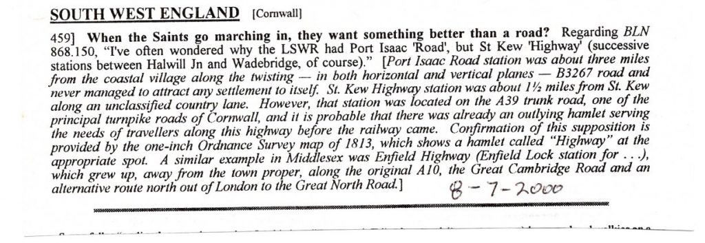 2000 article on Port Isaac Road Station