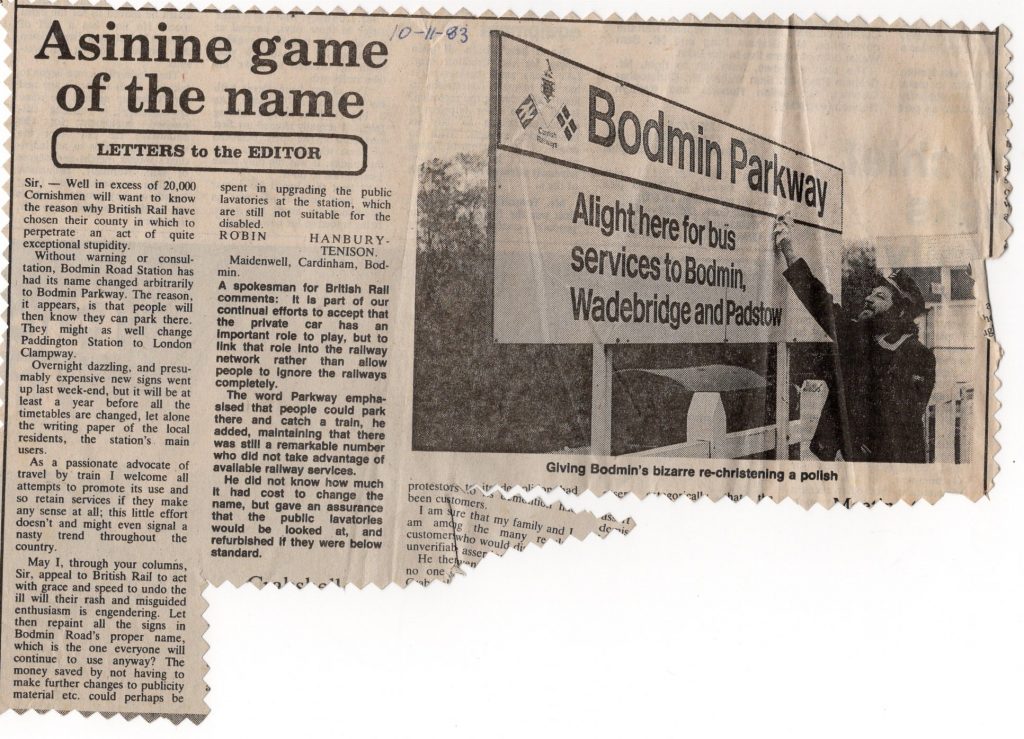 Bodmin Parkway name change letter 1983