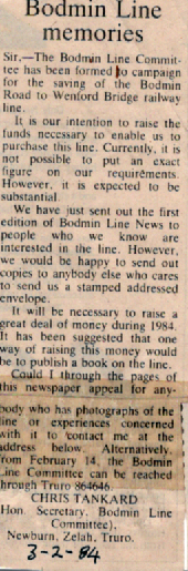 Bodmin and Wenford Railway Article 1984