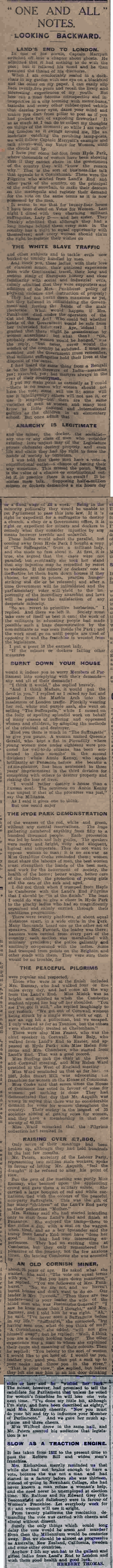 Lands End to London suffragette march report 31 July 1913 