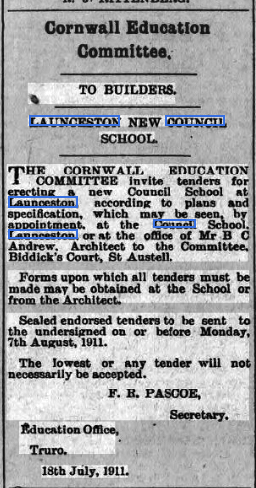 Tenders for the new school at Windmill July 1911