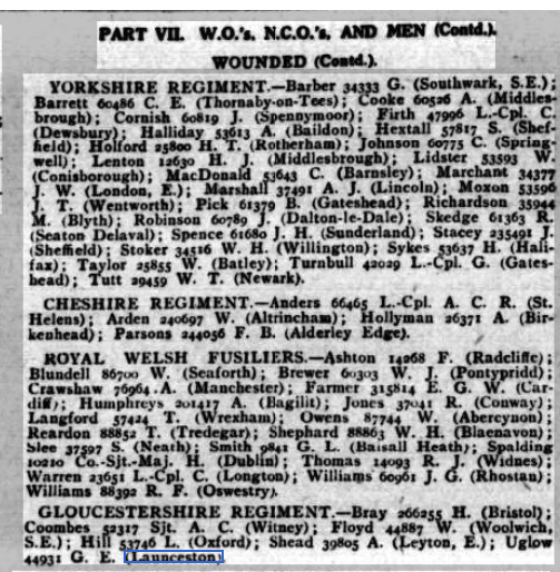 Weekly Casualty List (War Office & Air Ministry ) - Tuesday 24 December 1918 
