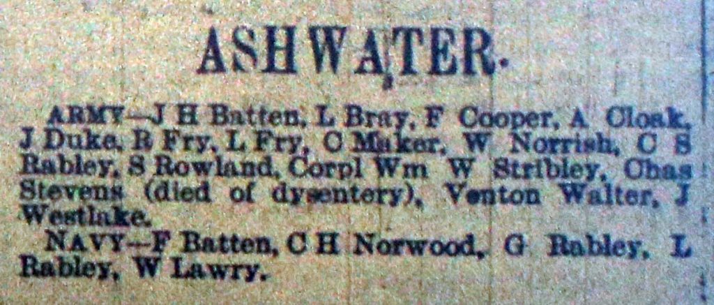 Ashwater Roll of Honour February 1916