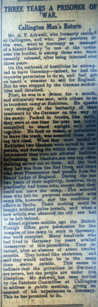 Callington Man's Internment Story February, 1918