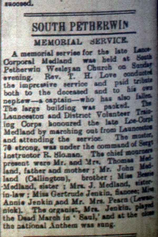 Charles Medland Memorial September 1916