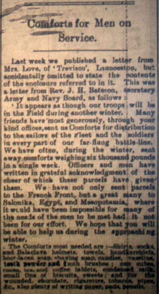 Comfort for the Men article from October 27th, 1916
