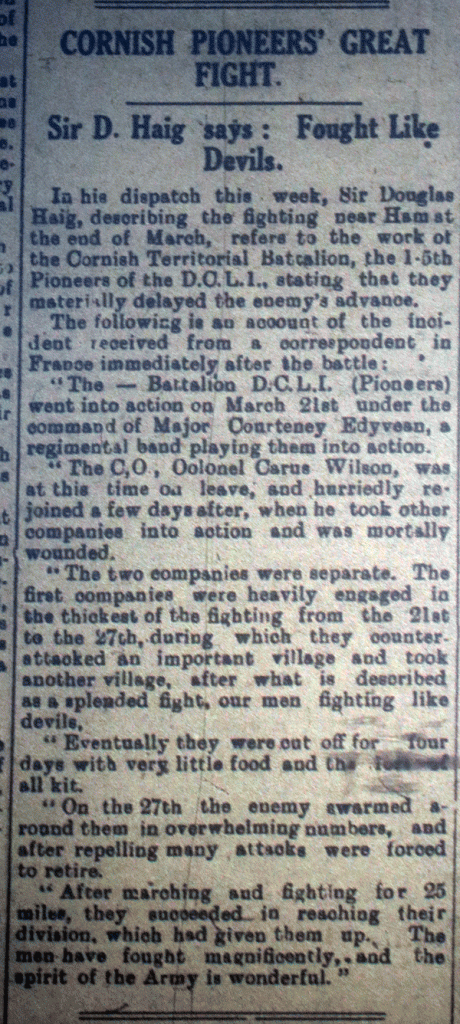 Cornish Pioneer's Great Fight, March 21st, 1918