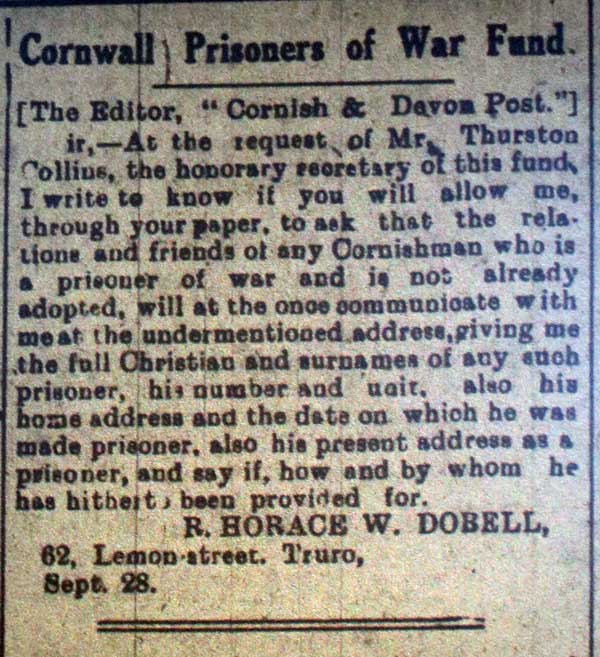 Cornwall Prisoners War Fund, September 28th, 1918.