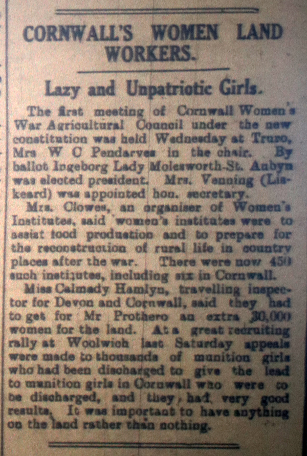 Cornwall's Women Land Workers April, 1918